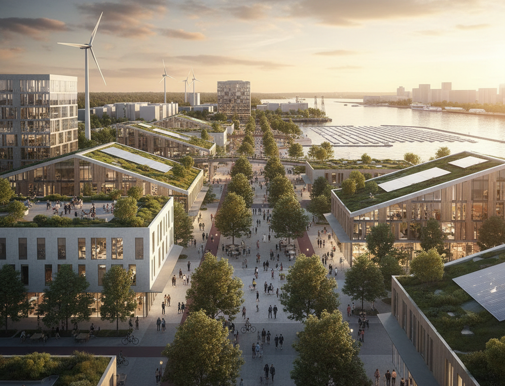 Future vision of a regenerated waterfront dock with mixed-use development and sustainable logistics infrastructure